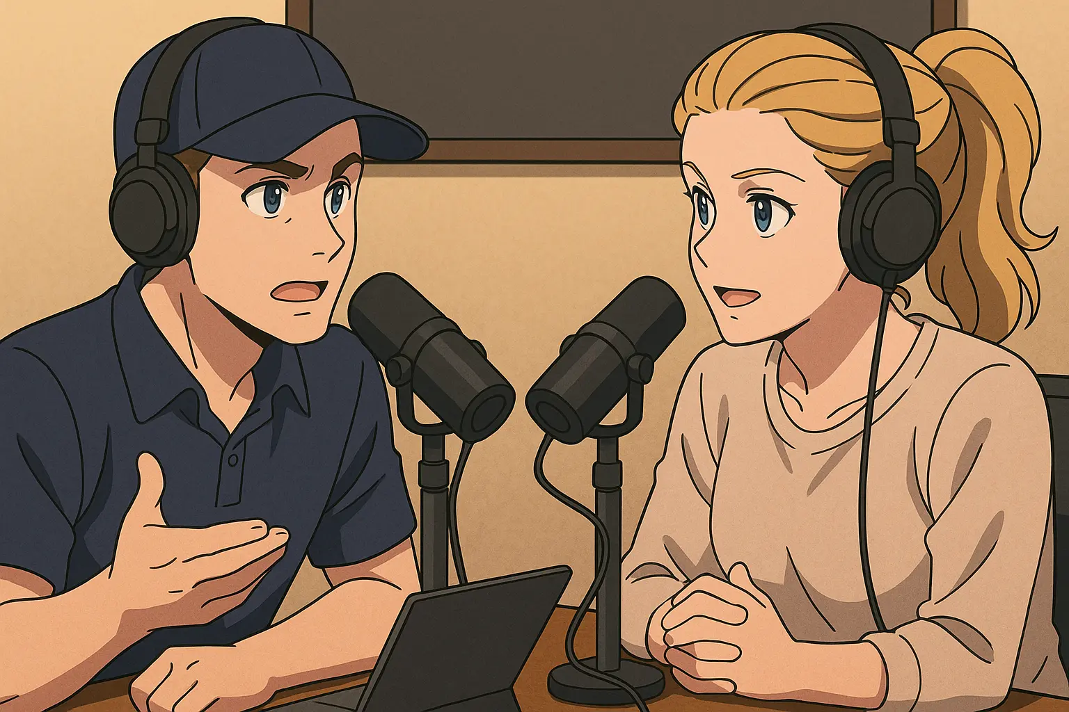 Illustration of Andy Roddick and Kim Clijsters recording a tennis podcast together, wearing headphones and talking into microphones in a studio.
