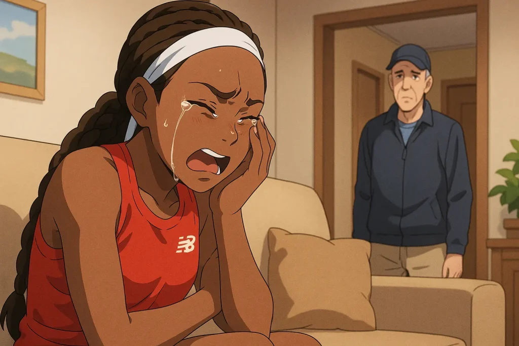 Coco Gauff crying at home after parting ways with coach Brad Gilbert, symbolizing the emotional end of their 14-month partnership