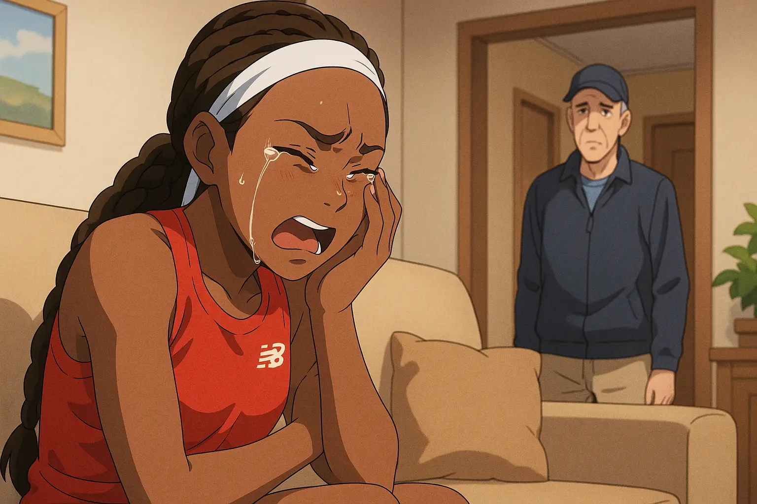 Coco Gauff crying at home after parting ways with coach Brad Gilbert, symbolizing the emotional end of their 14-month partnership