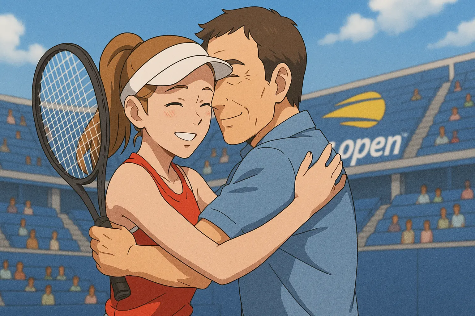 Emma Navarro hugging her father in gratitude after her 2024 US Open run, celebrating family support and achievement