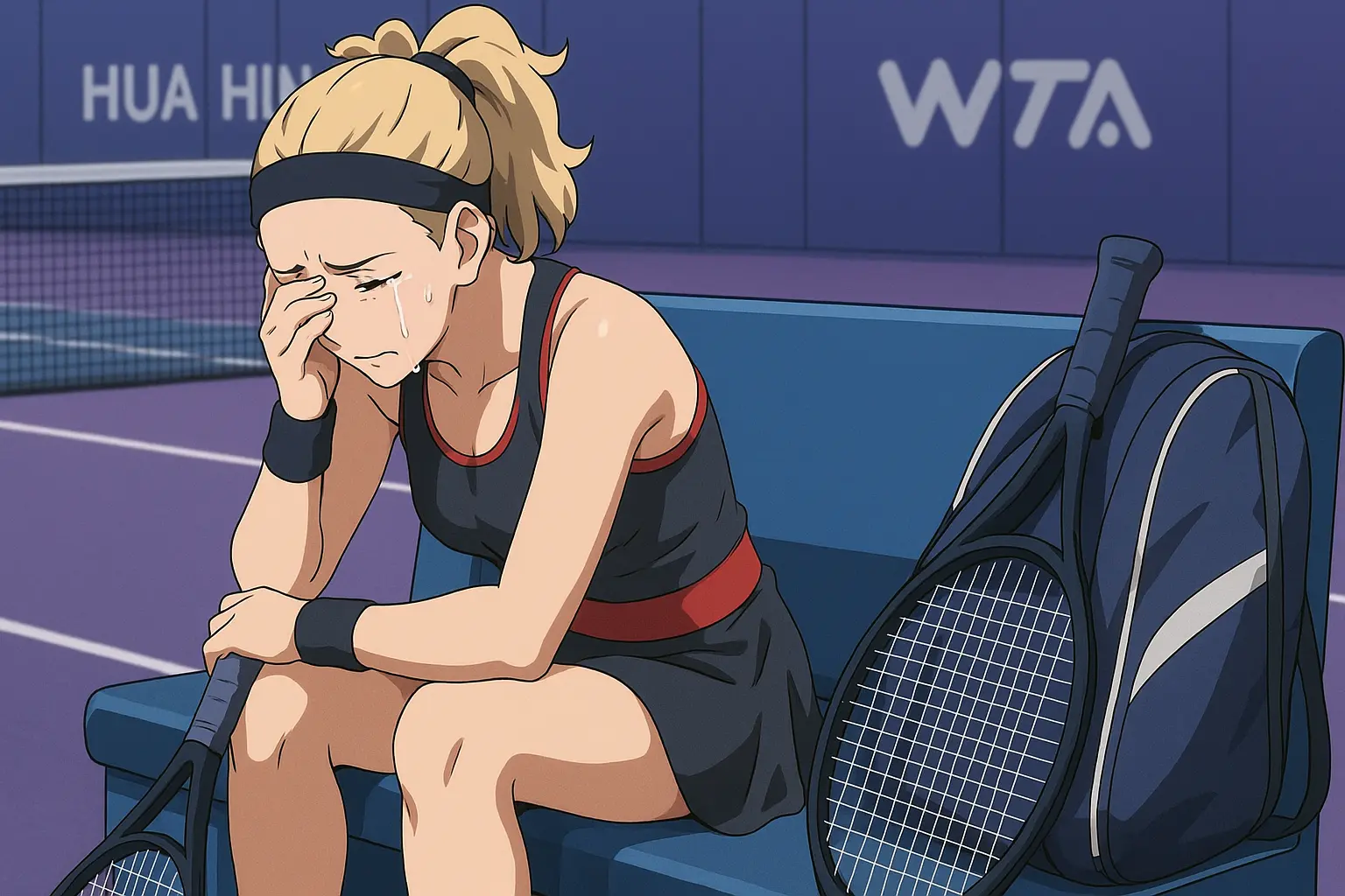 Laura Siegemund sitting in tears after losing the 2024 Hua Hin final to Rebecca Sramkova, holding her tennis racket on the bench.