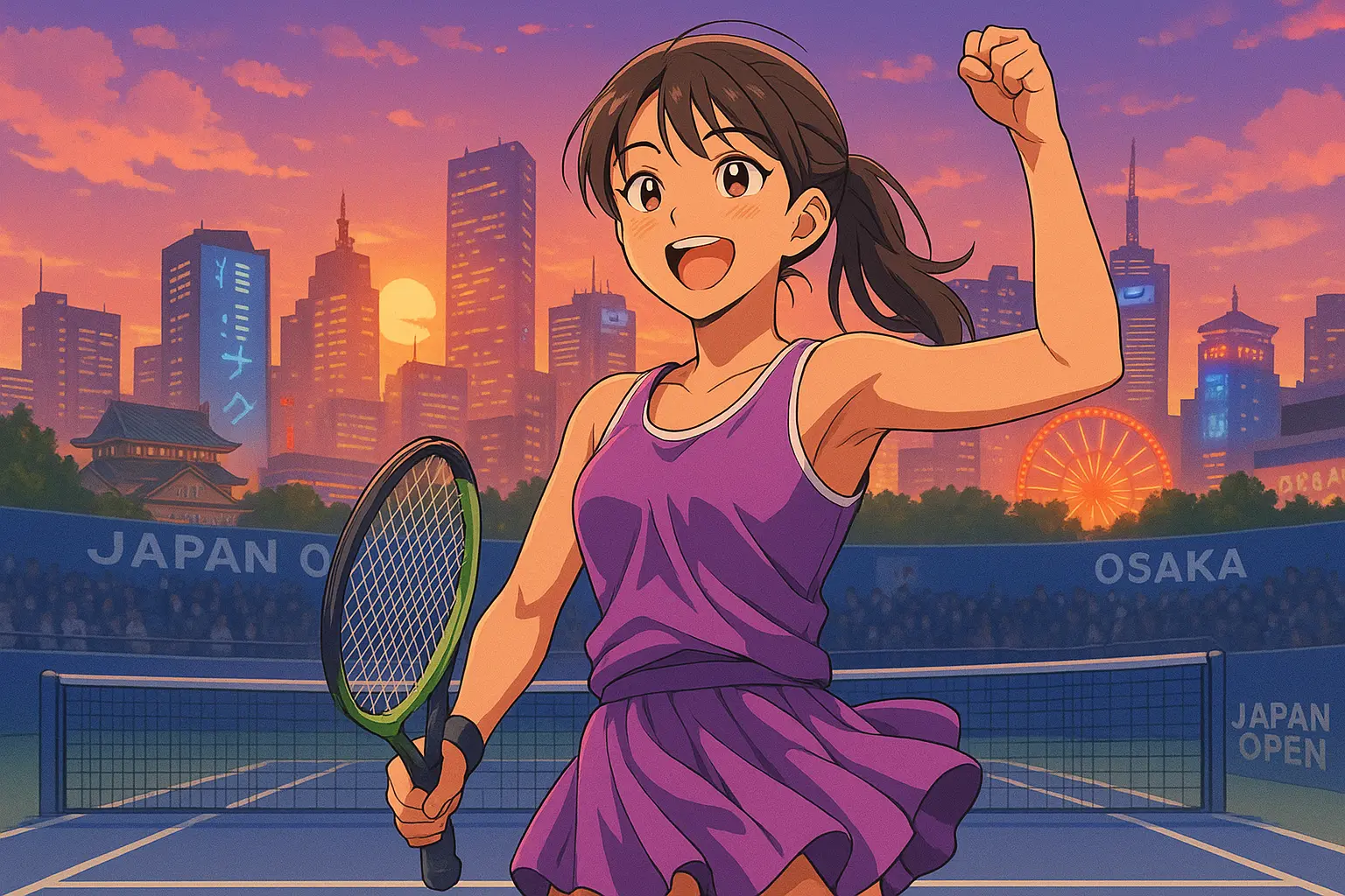 Illustration of Japanese tennis rising star Sara Saito standing confidently in the city of Osaka