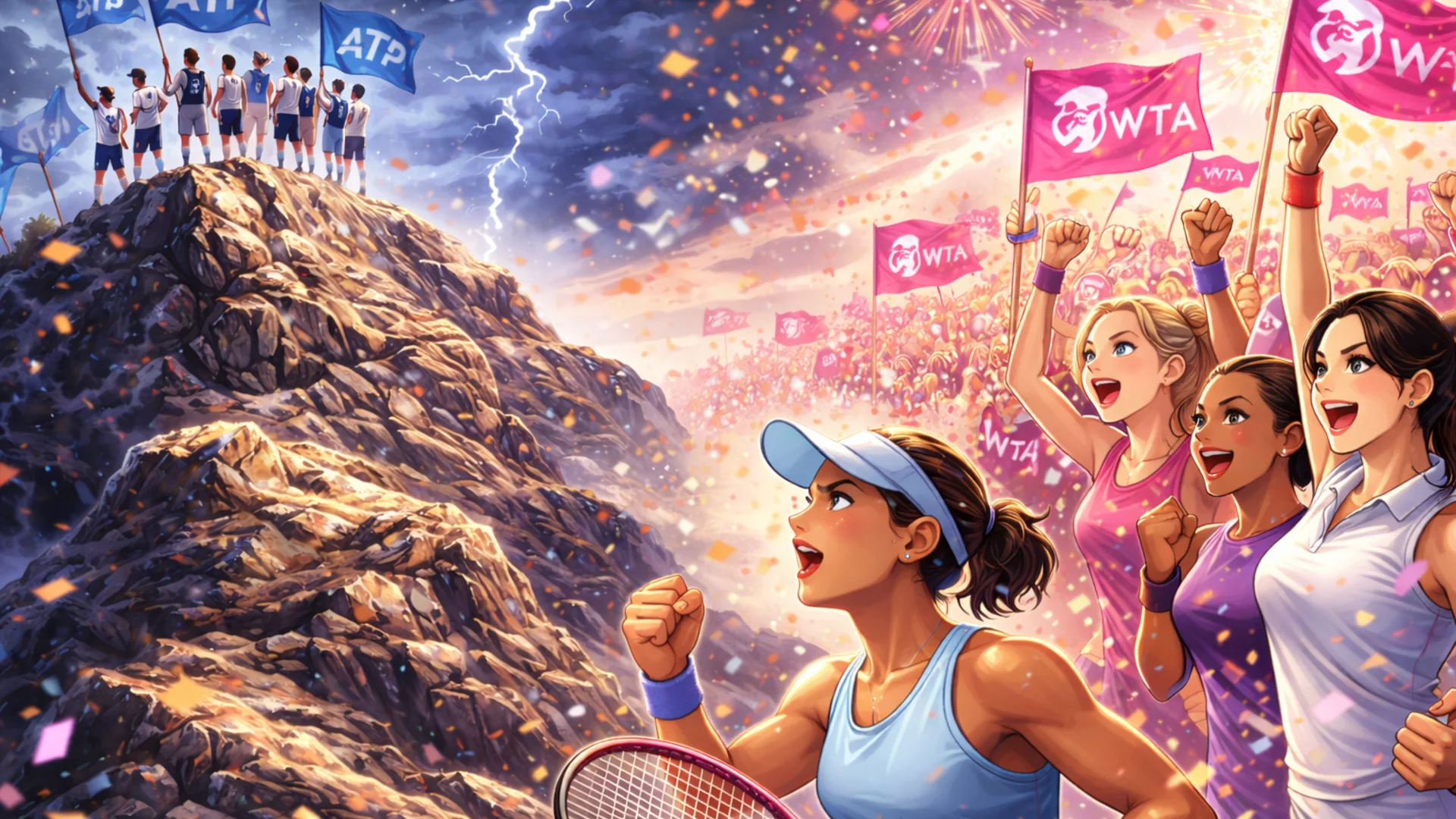 Female tennis player stands determined at the base of a rocky mountain while fans with WTA flags cheer behind her under fireworks and stormy skies.