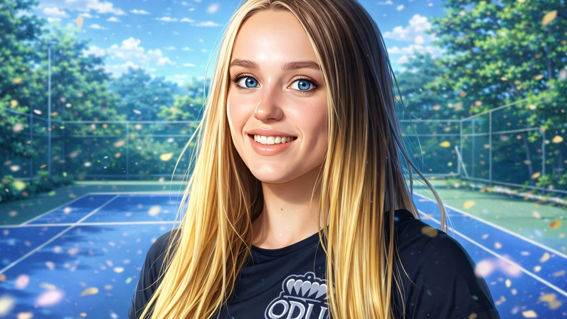 Yuliia Starodubtseva smiling in a tennis shirt on a sunlit hardcourt surrounded by trees.