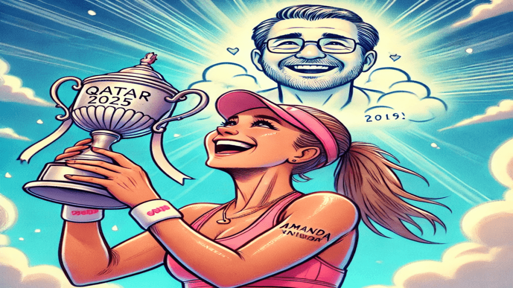 A cartoon-style illustration of Amanda Anisimova celebrating her Qatar 2025 victory, holding the trophy with joy. In the clouds above, a smiling depiction of her late father watches over her, symbolizing pride and remembrance. The background features a bright blue sky with warm sunlight, highlighting the emotional and triumphant moment.