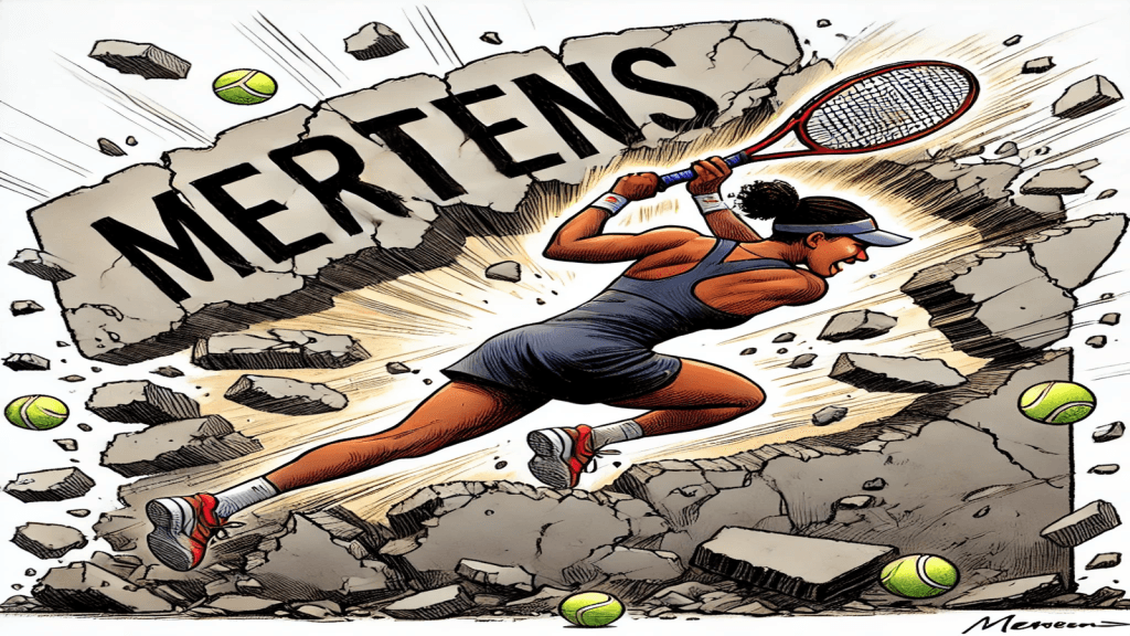 Madison Keys breaking through a concrete wall labeled 'Mertens' in a dynamic cartoon, showcasing her strength and determination during the Indian Wells 2025 match.