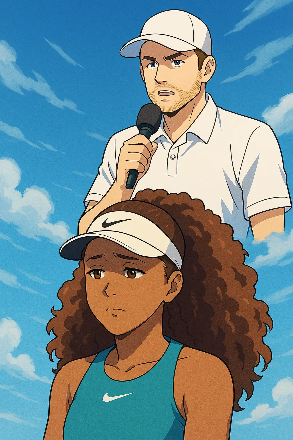 Anime-style illustration of Naomi Osaka looking pensive after a tennis match, with Andy Roddick floating above her holding a microphone, symbolizing his public defense of her.