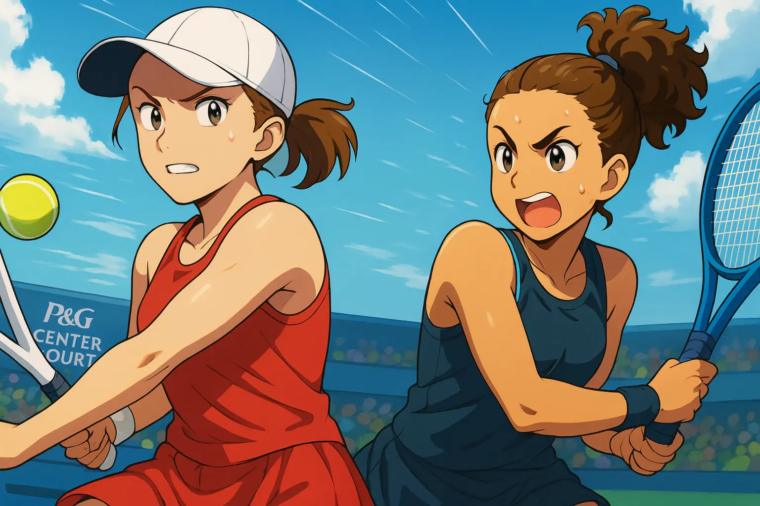 Image of Iga Swiatek and Jasmine Paolini in action during the 2025 Cincinnati Open WTA final, highlighting their intense expressions and athletic motion on court