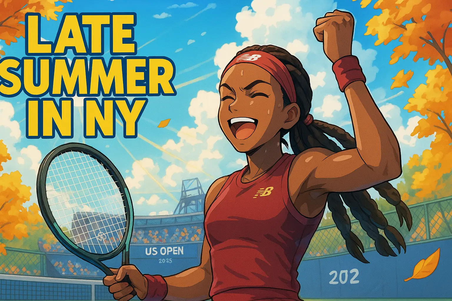 Illustration of Coco Gauff celebrating her US Open 2025 victory, raising her fist in triumph on a New York tennis court