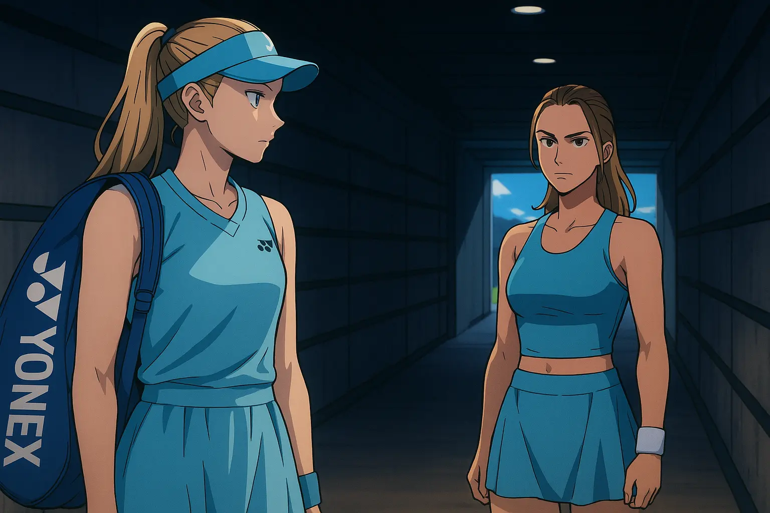 Illustration of Elena Rybakina in a light blue Yonex dress facing Aryna Sabalenka in a players’ tunnel before a WTA match