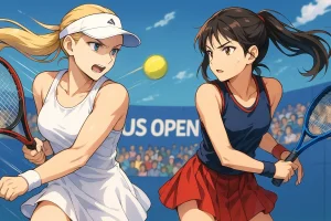 illustration of Elena Rybakina and Emma Raducanu battling at the US Open, showcasing powerful forehand and backhand action on court