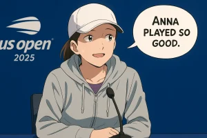 Illustration of Iga Swiatek at a US Open 2025 press conference, sitting behind the table in a jumper suit with a speech balloon saying “Anna played so good.”