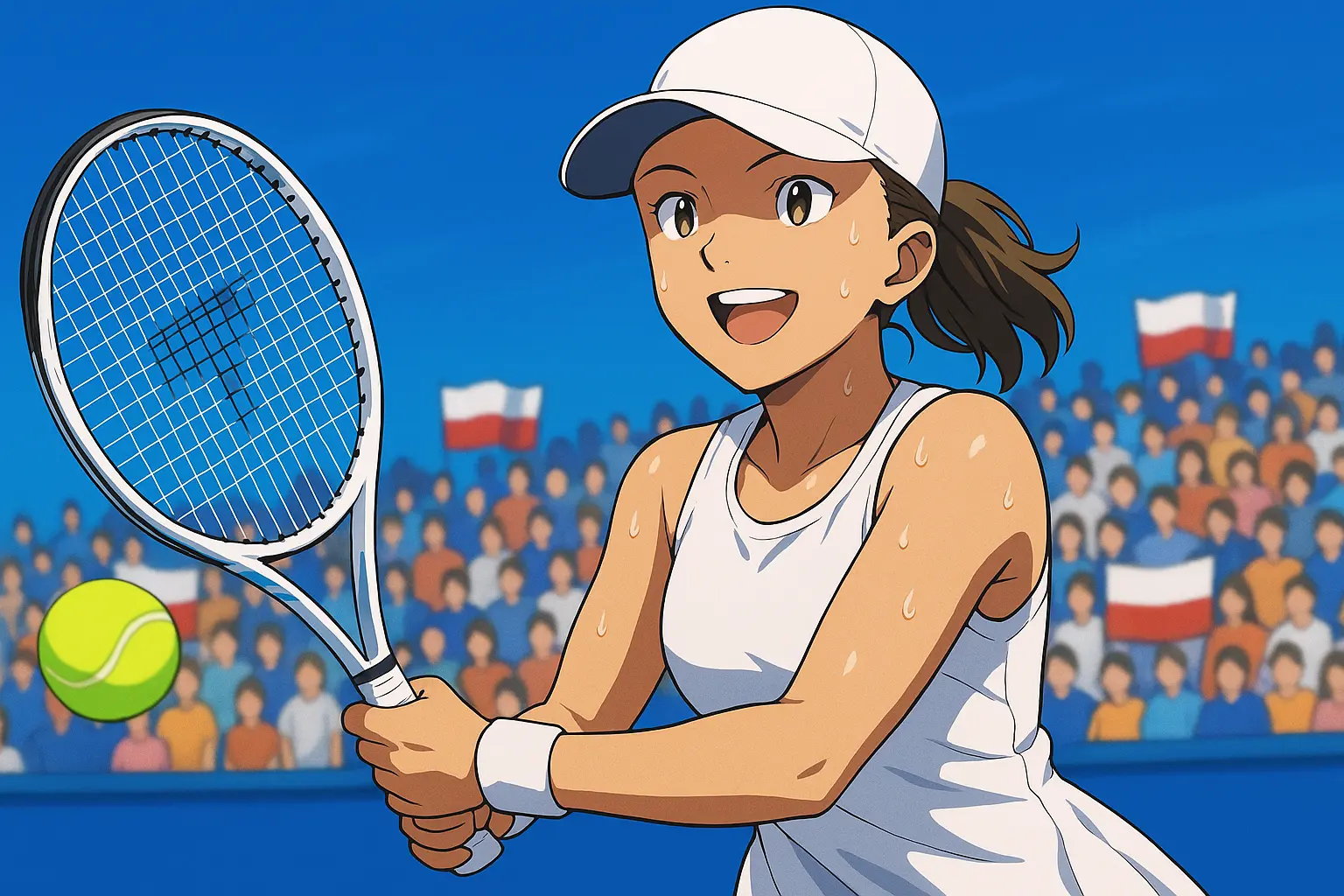 illustration of Iga Świątek hitting a forehand in her white dress and cap, smiling with intense focus as Polish flags wave in the Cincinnati crowd