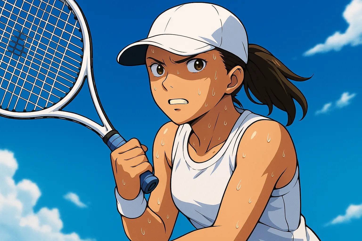 Illustration of Iga Świątek in a white dress and cap, mid-match with intense focus, gripping her racket under a bright blue sky