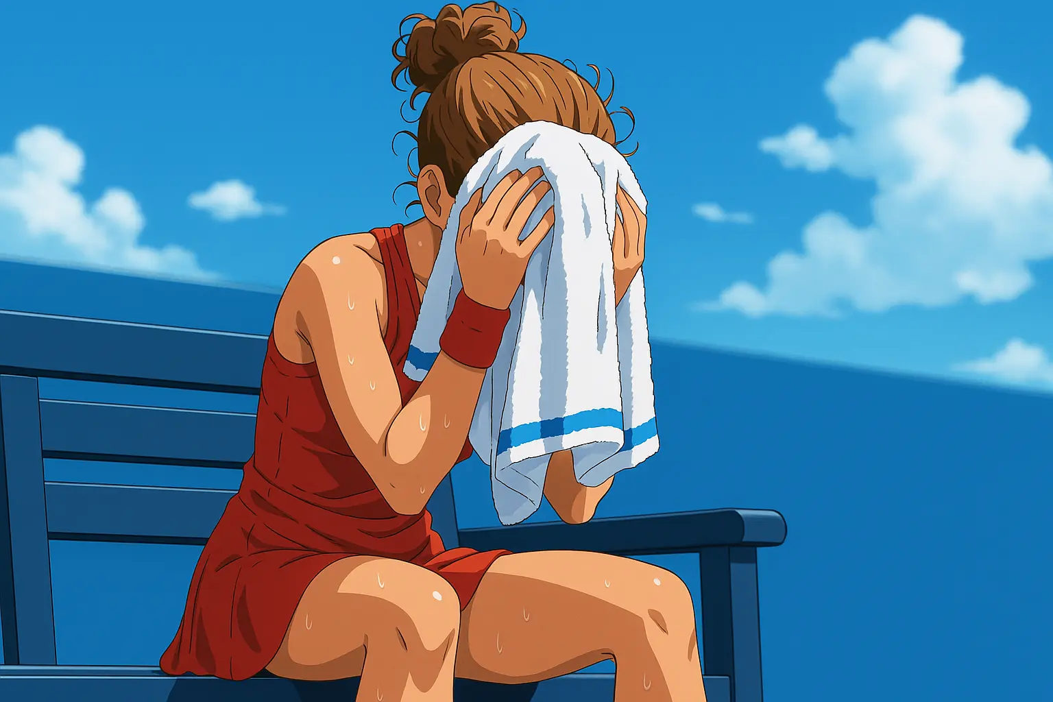 Illustration of Jasmine Paolini sitting courtside in a red tennis outfit after her US Open defeat against Marketa Vondrousova, covering her face with a towel under a bright blue sky