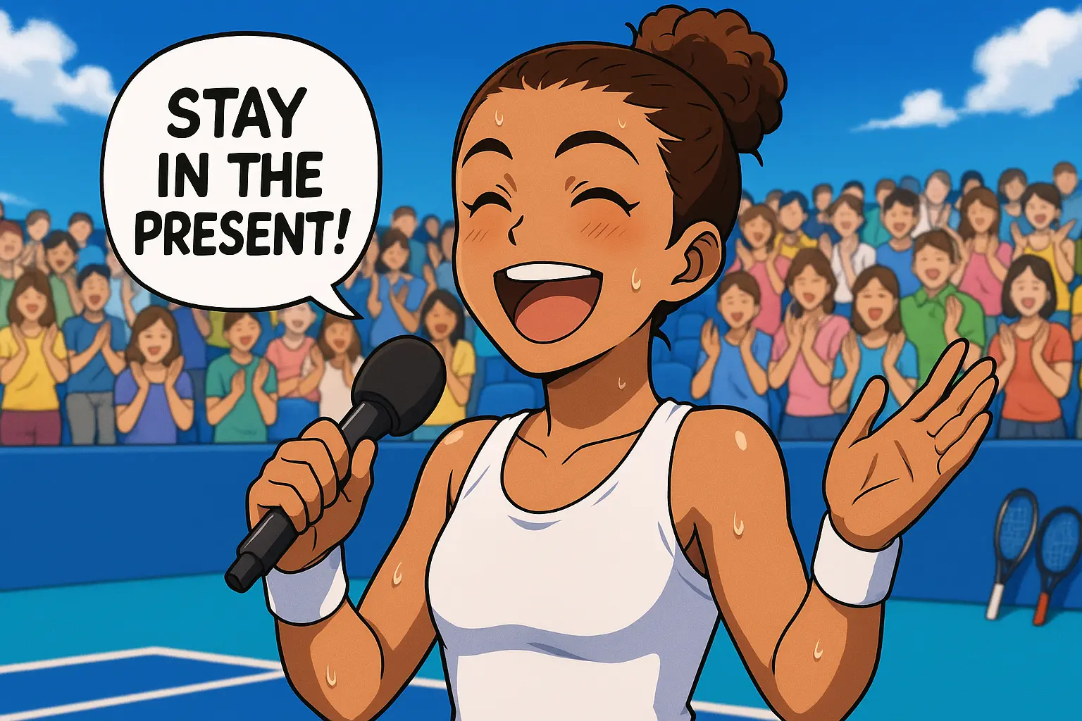 Jasmine Paolini smiling and speaking into a microphone on a blue hard court, with sweat shimmering and saying “Stay in the present!” as the Cincinnati crowd applauds