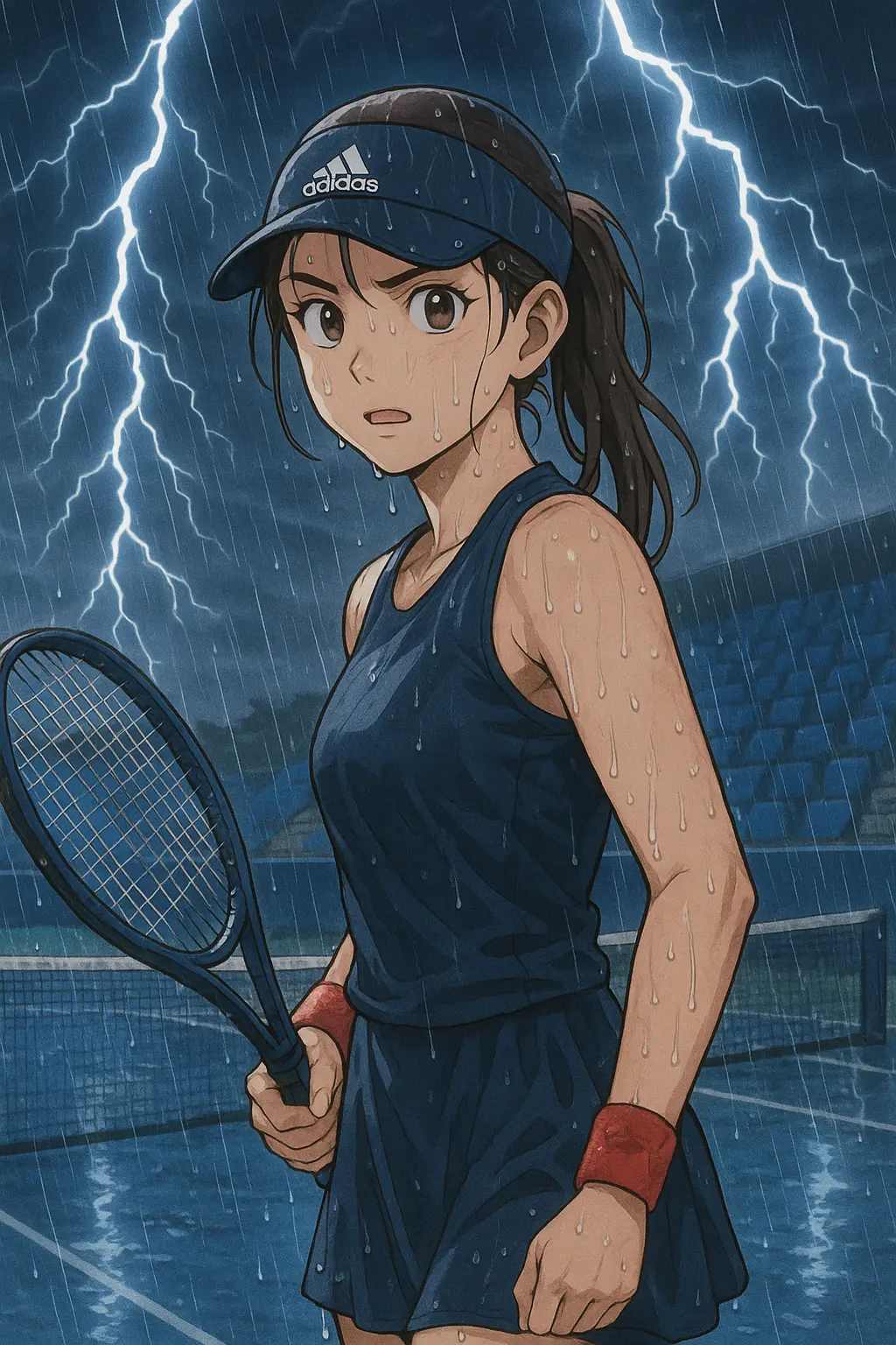Illustration of Jessica Pegula standing on a rain-soaked tennis court during a thunderstorm at the Cincinnati Open, with lightning striking in the background