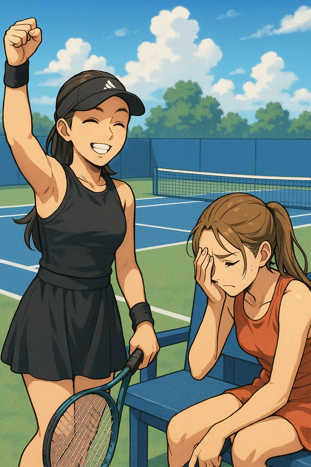 Illustration of Jessica Pegula celebrating a victory on a tennis court while Emma Navarro sits on the bench looking frustrated after a loss at the Cincinnati Open