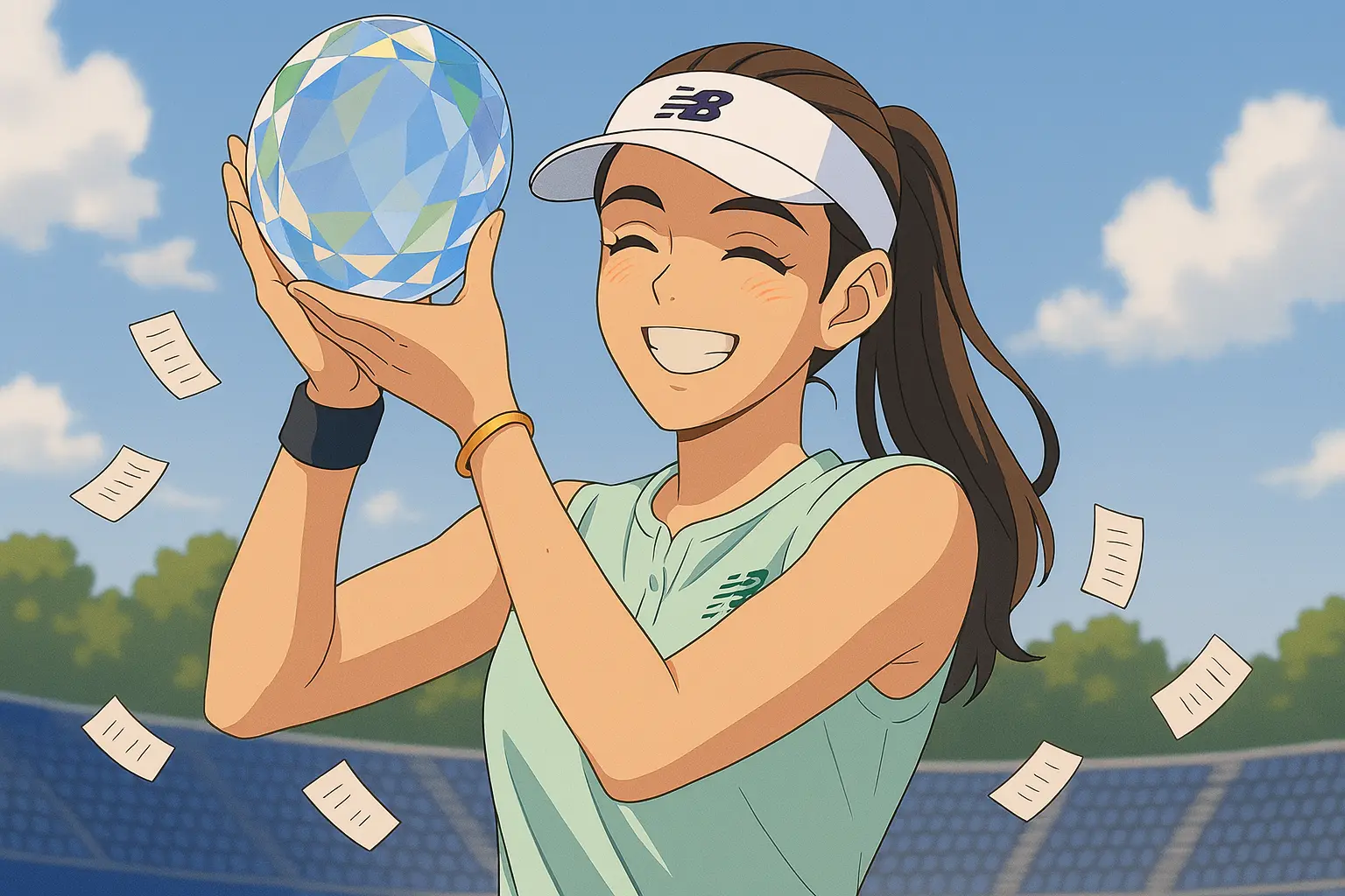 Illustration of Sorana Cirstea smiling brightly while lifting her trophy after winning the Cleveland 2025 WTA tournament