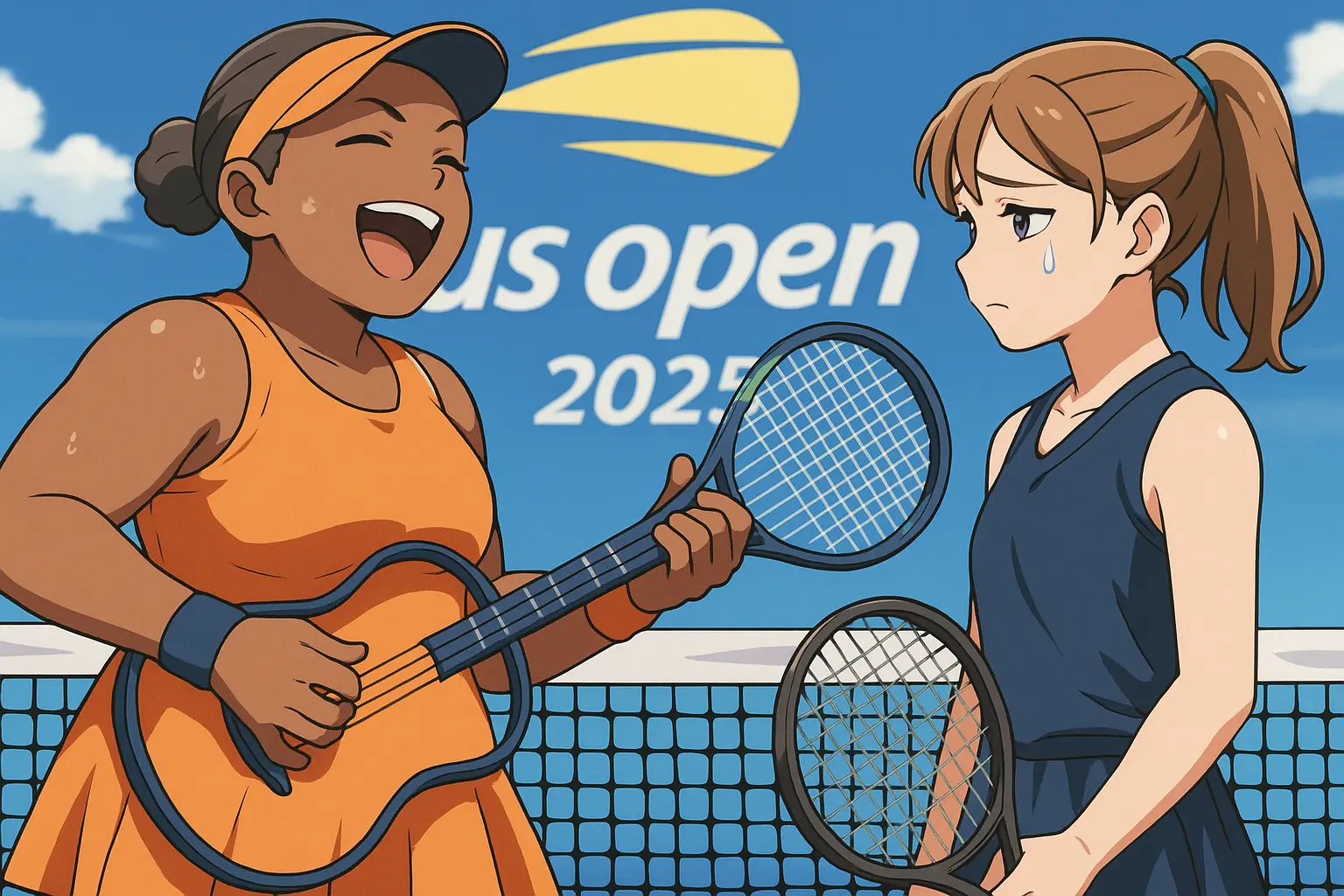 Illustration of Taylor Townsend celebrating her US Open 2025 victory over Mirra Andreeva, holding her racket like a guitar while Andreeva sheds a tear at the net.