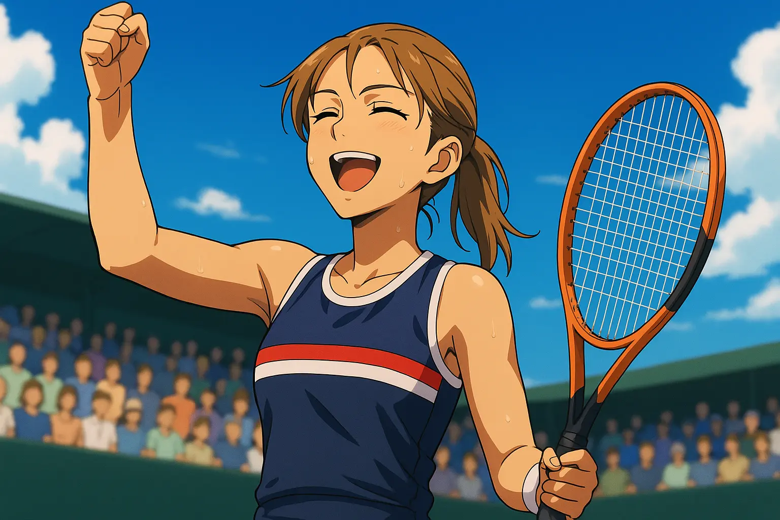 Varvara Gracheva celebrates a decisive WTA 1000 victory, smiling and raising her fist under sunny Ohio skies