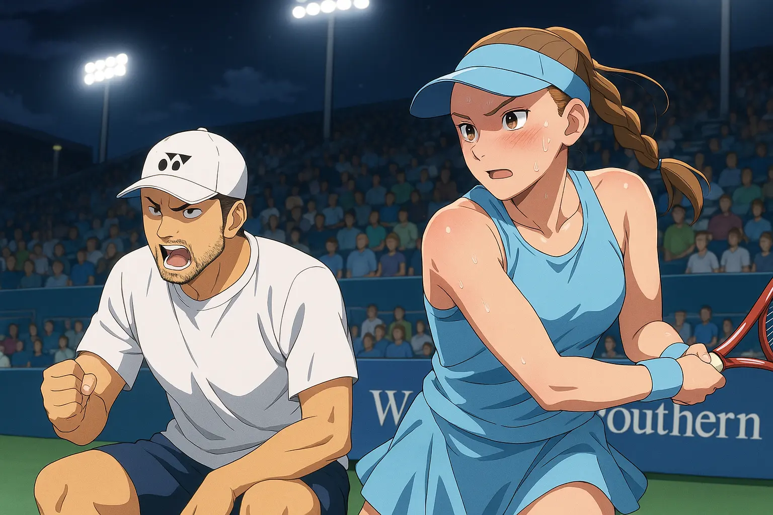 Elena Rybakina in a light blue tennis outfit and visor, sweating and focused during a night match in Cincinnati, with coach Stefano Vukov in a white Yonex cap shouting instructions courtside