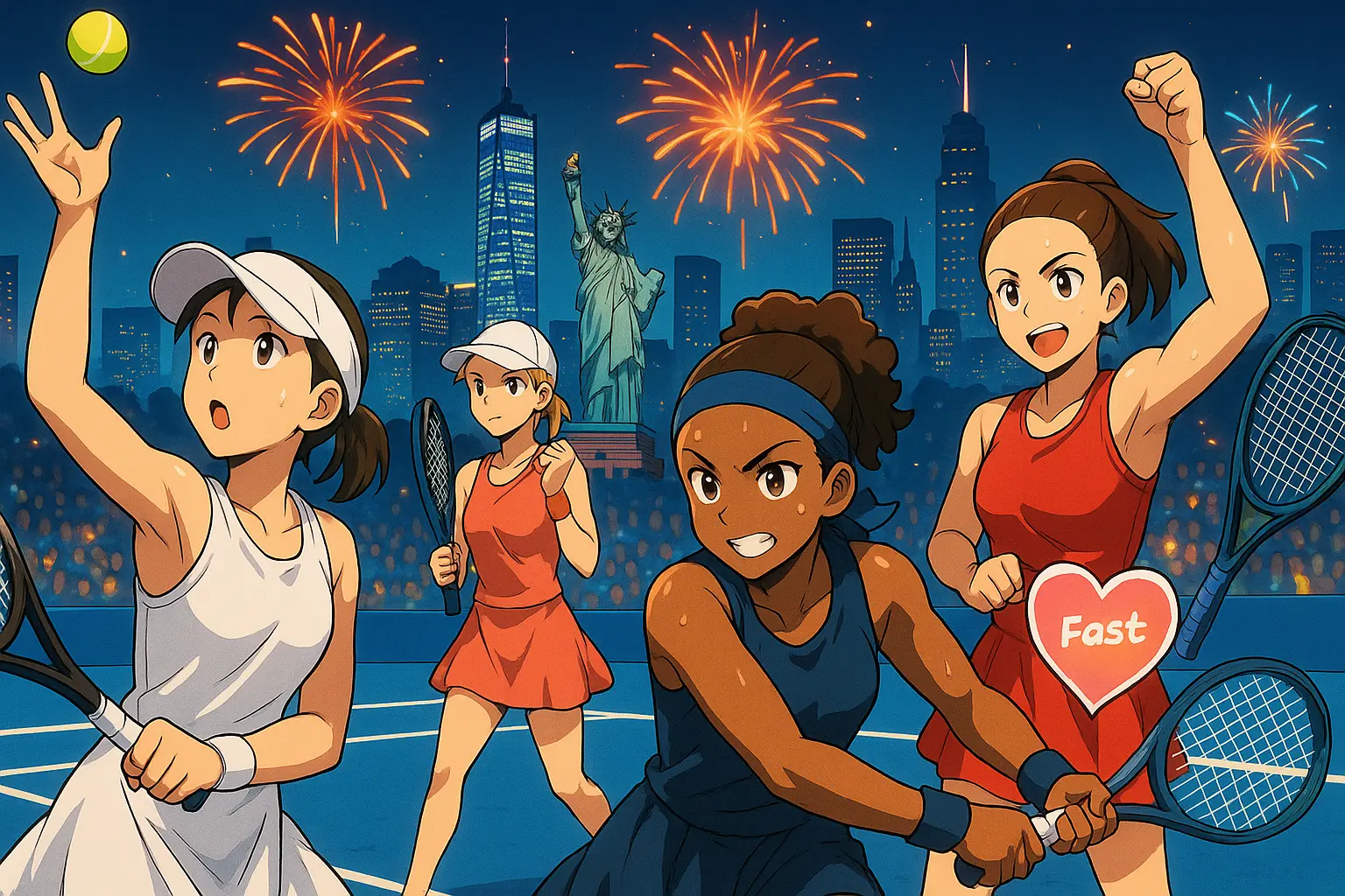 iIllustration of diverse female tennis players competing at the US Open on the blue hard courts, with the New York skyline, Statue of Liberty, and fireworks lighting the night sky — symbolizing global tennis energy presented with easy-to-read match results on our site.
