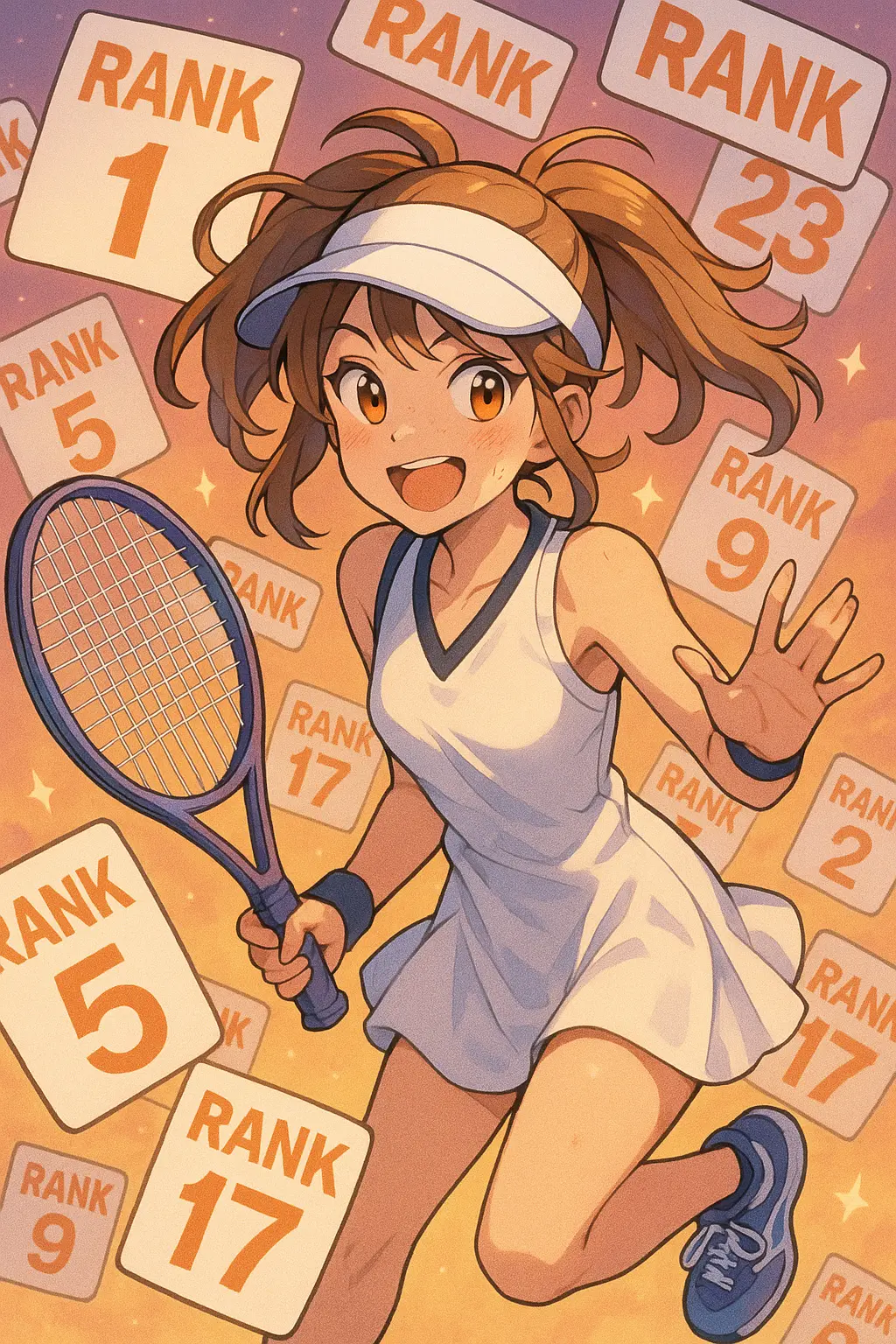 Anime-style illustration of a cheerful female tennis player surrounded by floating rank numbers
