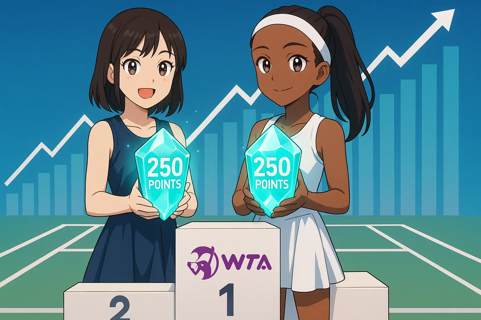 Illustration of WTA tennis players Janice Tjen and Tiantsoa Rakotomanga Rajaonah standing on a podium, each holding a glowing "250 POINTS" crystal, with a rising ranking chart and tennis court in the background.