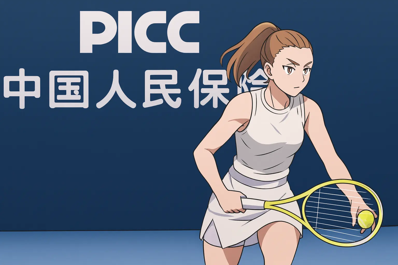 Sasnovich in white outfit preparing her serve motion on blue hard court with "PICC" and Chinese characters in the background.