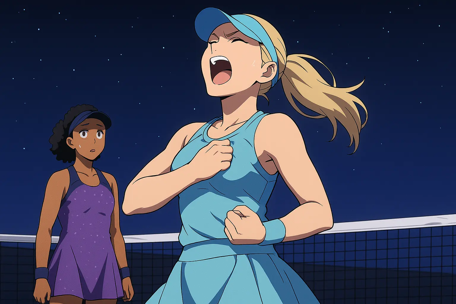 Illustration of Amanda Anisimova celebrating emotionally in a light blue outfit, tapping her chest and looking to the night sky, as Naomi Osaka in a sparkling purple dress looks on in disbelief at Arthur Ashe Stadium.