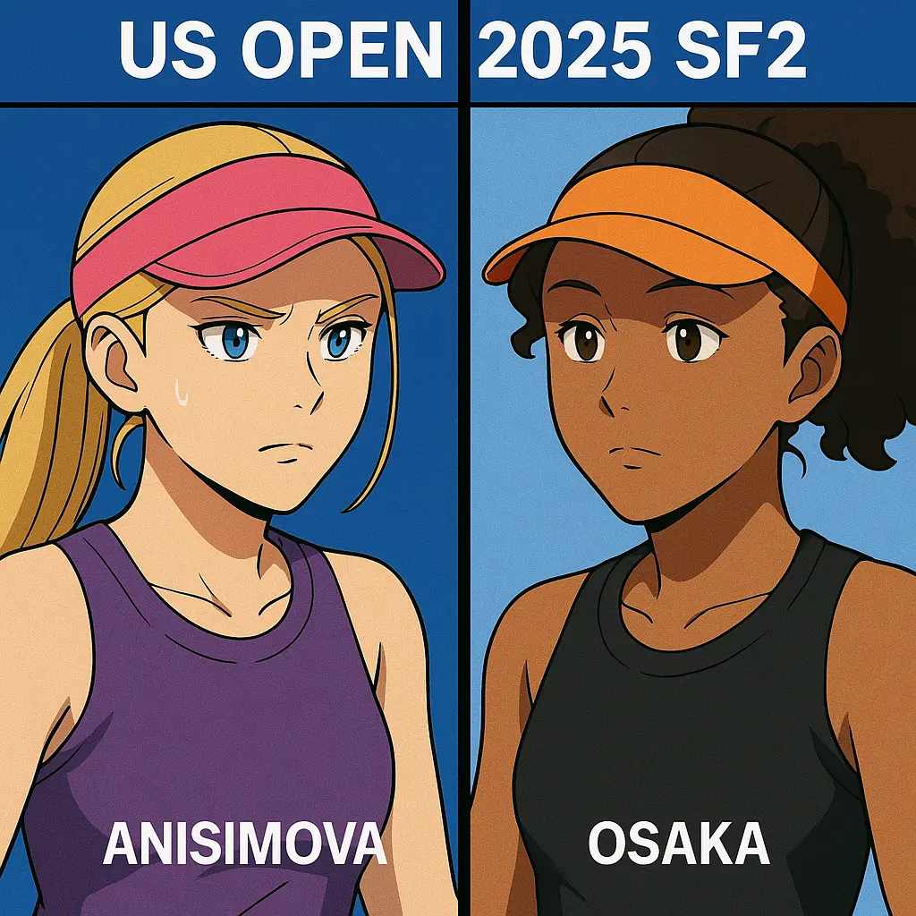 Graphic of Naomi Osaka and Amanda Anisimova split-screened for the US Open 2025 women's semifinal.