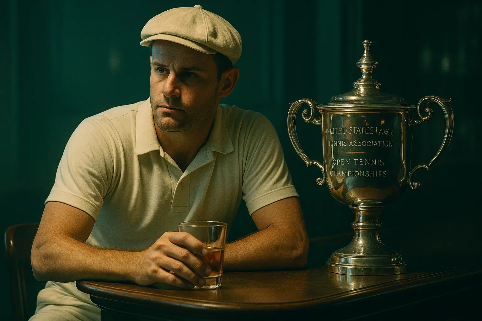 Andy Roddick in a bar setting, dressed in a vintage tennis outfit, drinking whiskey beside the US Open trophy talking about US Open women's final in 2025