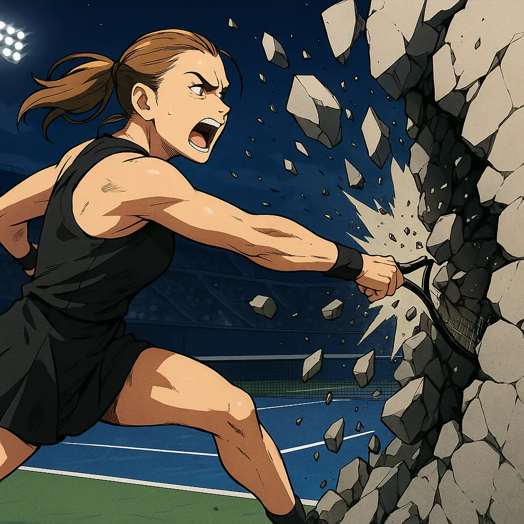 Illustration of Aryna Sabalenka in black tennis gear smashing through a concrete wall on the blue courts of Arthur Ashe Stadium under the night lights.