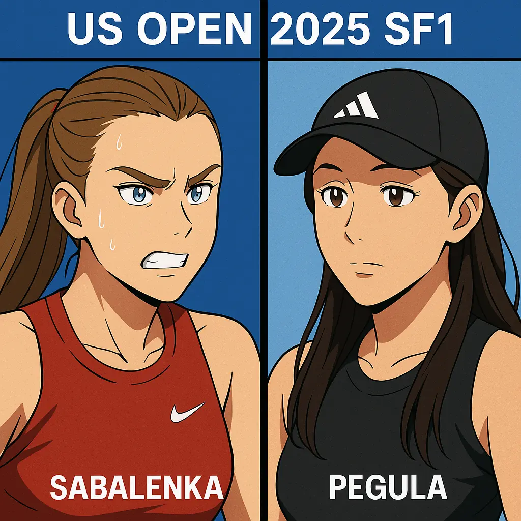 split-screen of Aryna Sabalenka and Jessica Pegula facing off in the first US Open 2025 women's singles semifinal