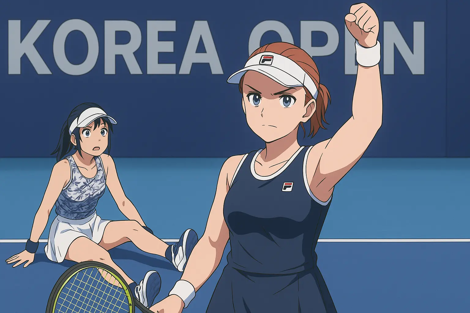 Illustration of Barbora Krejcikova celebrating her comeback win over Emma Raducanu at the 2025 Korea Open