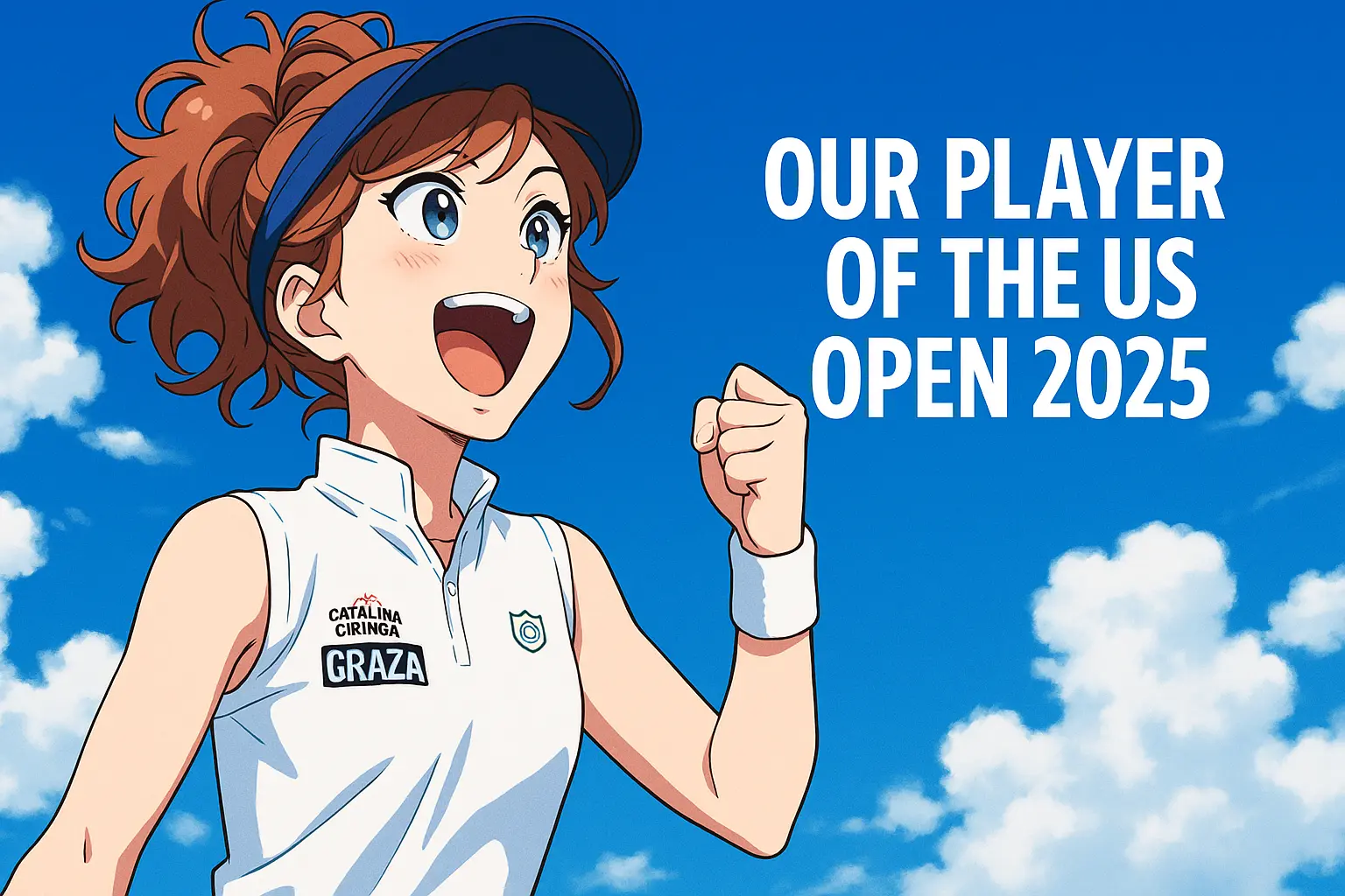 Illustration of Cristina Bucsa celebrating with a triumphant fist pump at the 2025 US Open, with text overlay reading ‘Our Player of the US Open 2025'