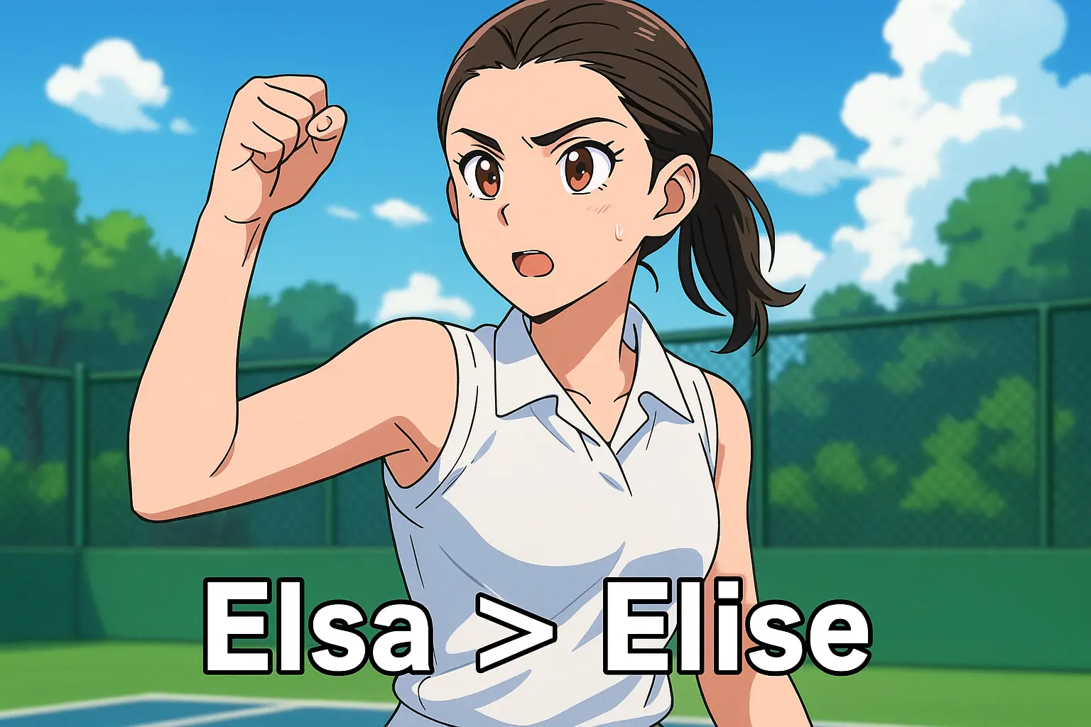 Elsa Jacquemot celebrating with a fist pump, wearing a white outfit on court, with the text "Elsa > Elise" displayed at the bottom