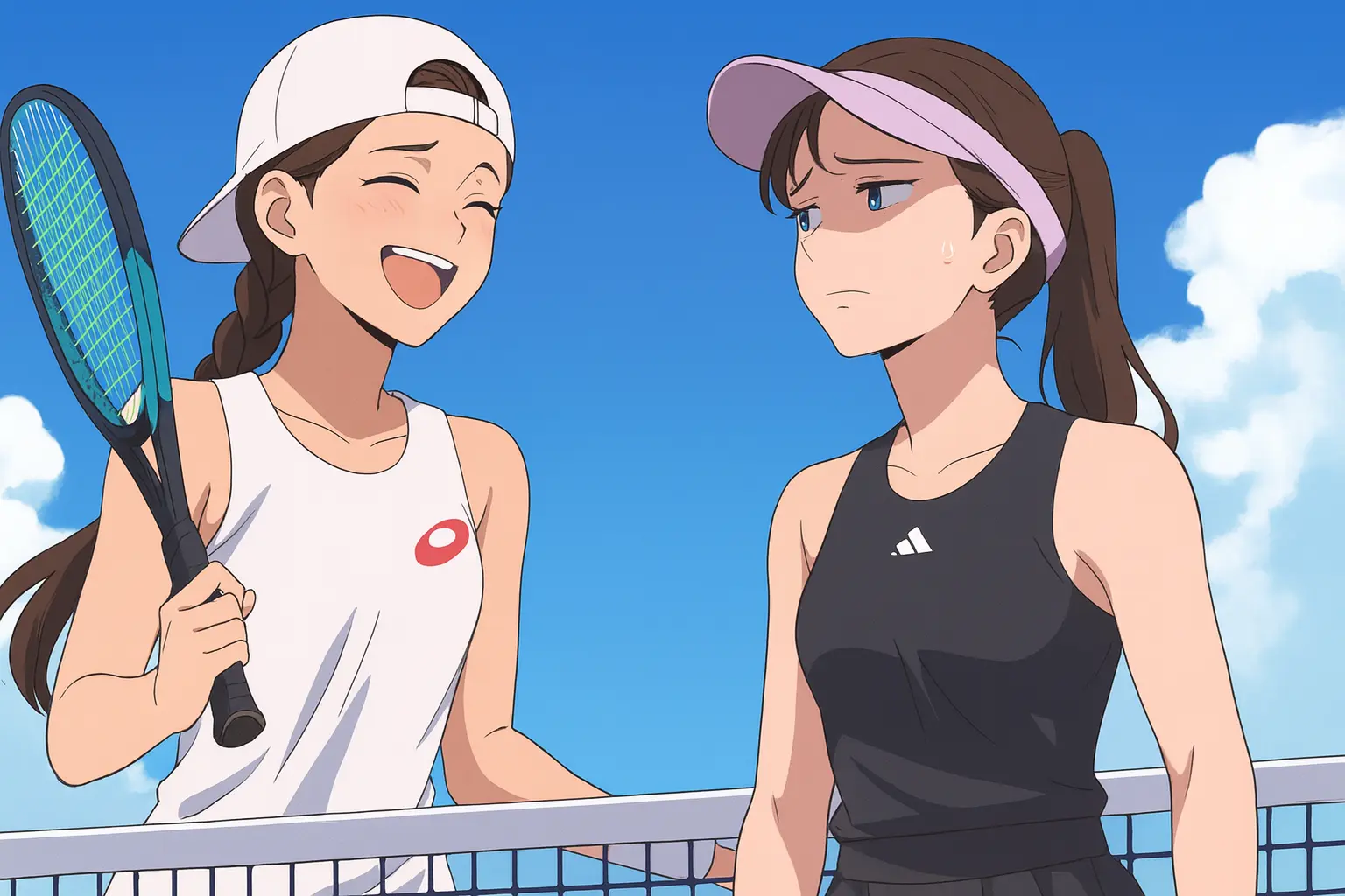 Illustration of Iva Jovic and Emiliana Arango at the net after the WTA Guadalajara 2025 final, with Jovic showing disbelief and Arango smiling warmly.