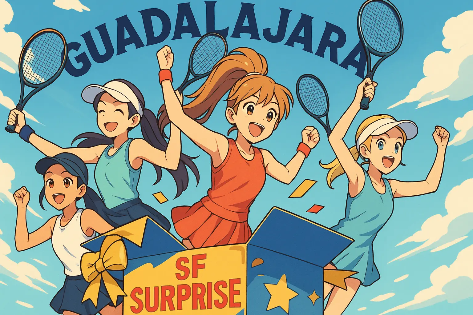 Illustration of four female tennis players jumping out of a surprise box labeled “SF Surprise,” with “Guadalajara” displayed above.