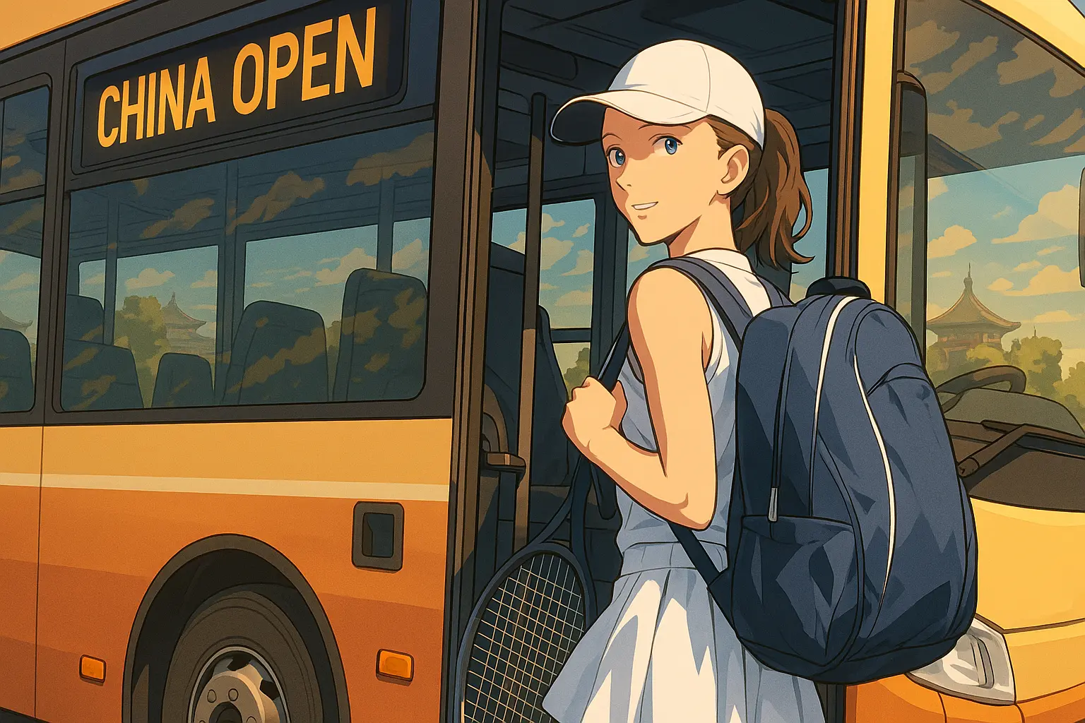 illustration of Iga Swiatek boarding a bus marked “China Open” in Beijing