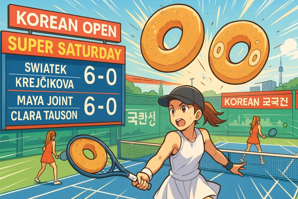Tennis art for Korean Open Super Saturday: “Bagel Day” theme with 6–0 scoreboards for Świątek and Joint, vibrant court scene.