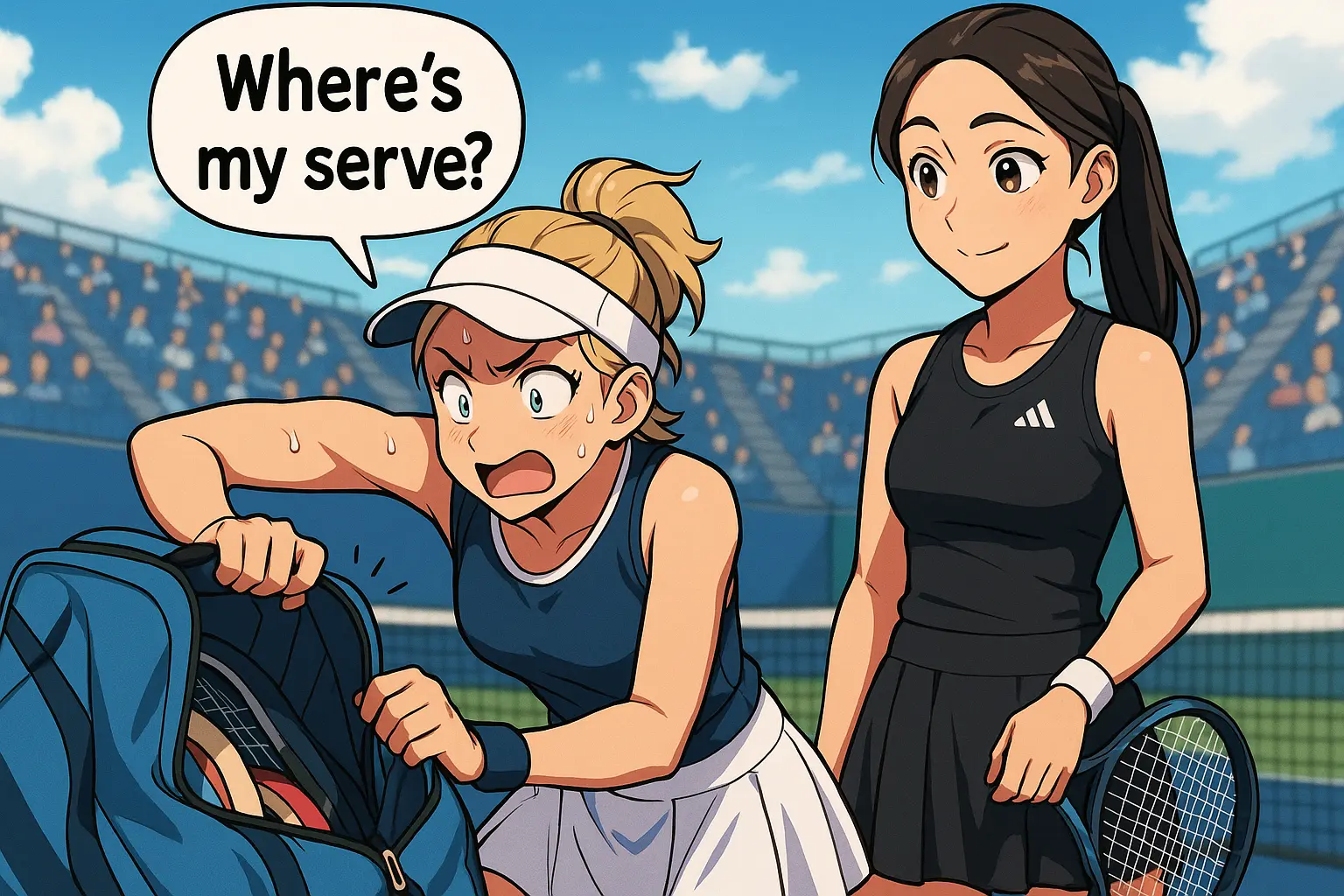 Illustration of Barbora Krejčíková frantically searching her tennis bag with a speech bubble saying “Where’s my serve?” as Jessica Pegula watches on amused during 2025 US Open