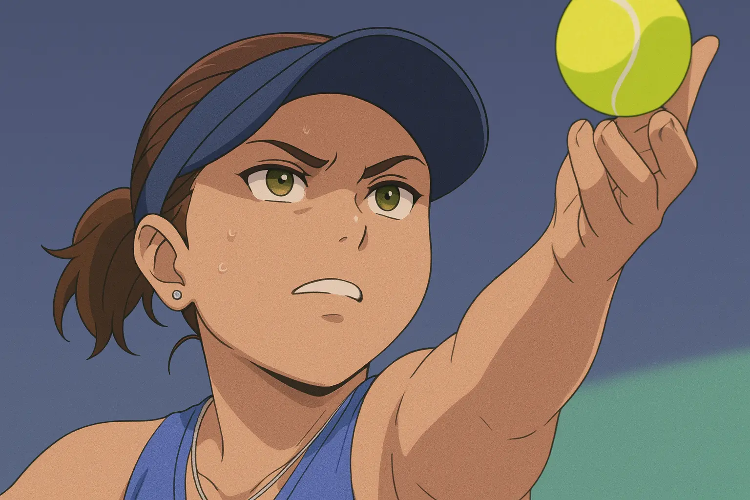 Illustration of a female tennis player in full focus, preparing to serve with a raised ball and intense gaze on a blue-toned court.