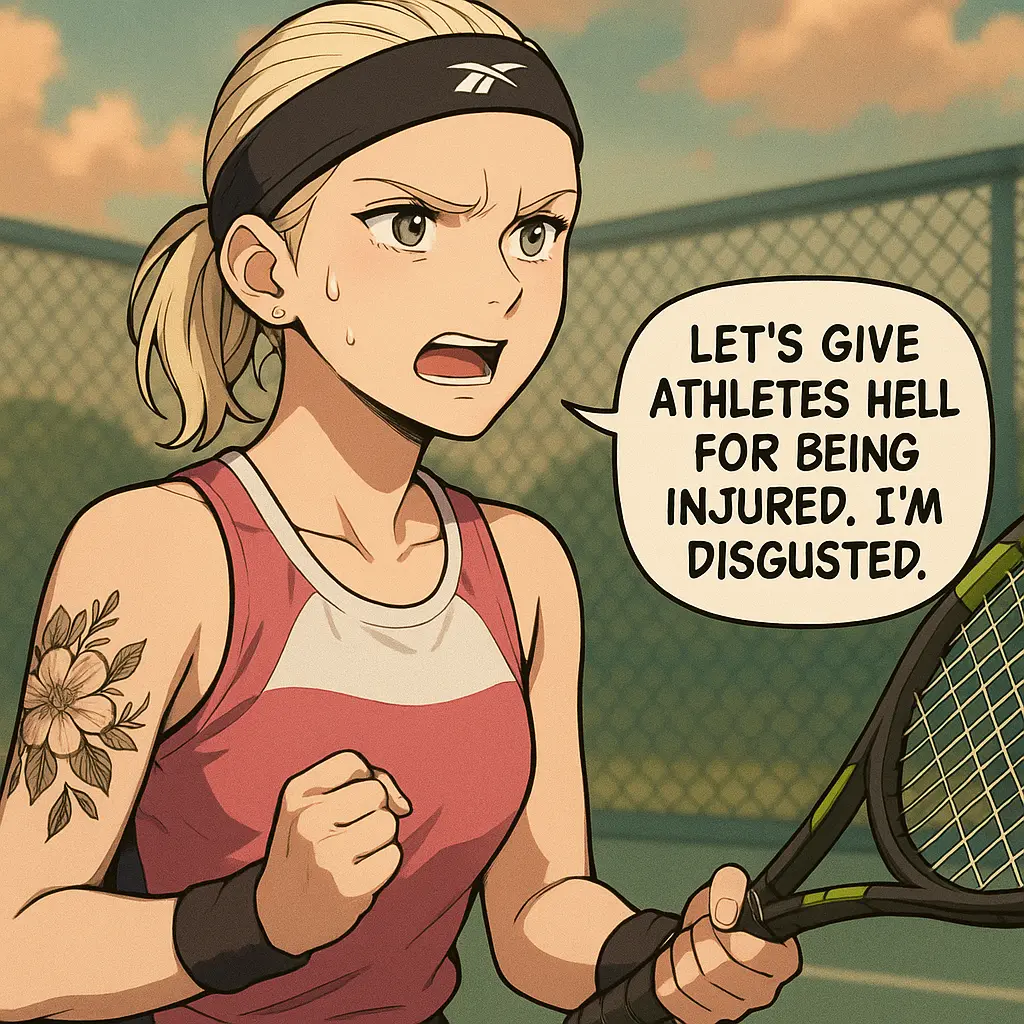 Illustration of a determined female tennis player with platinum blonde hair, floral arm tattoo, and black Reebok headband, expressing frustration about athlete injury criticism.
