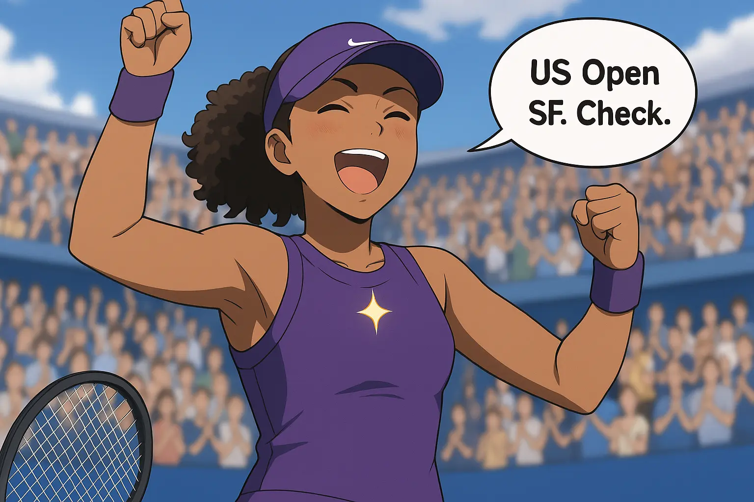 Illustration of Naomi Osaka celebrating at the US Open, wearing a purple Nike outfit with a sparkle on her chest, raising her fists in joy as the stadium crowd applauds