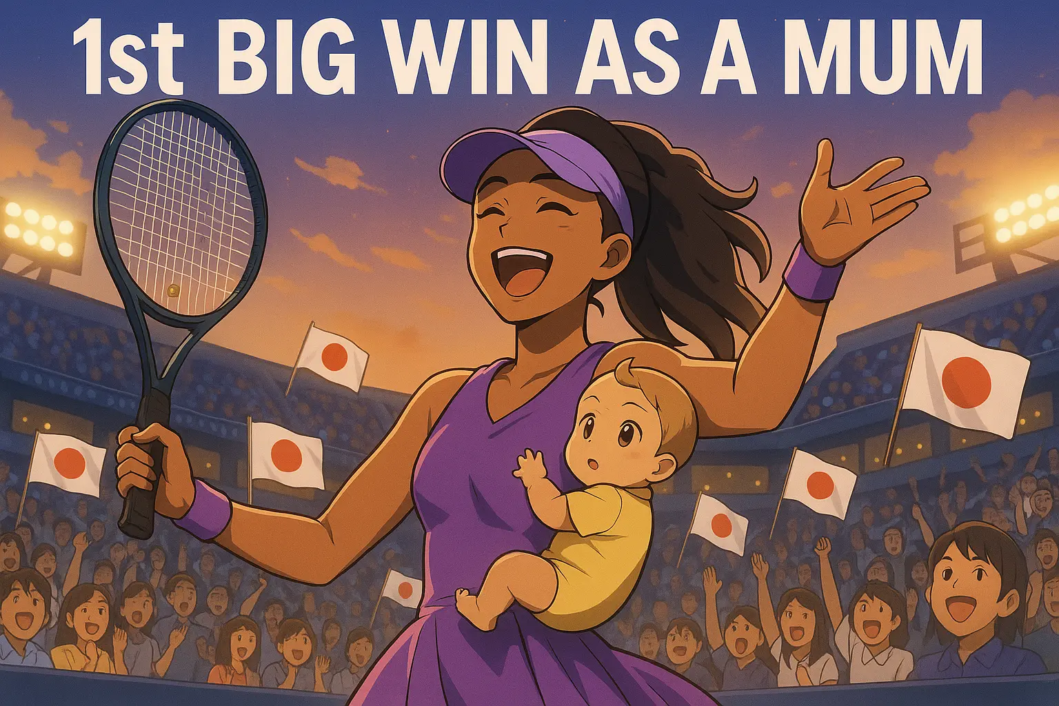 illustration of Naomi Osaka in a purple outfit celebrating victory at the US Open.