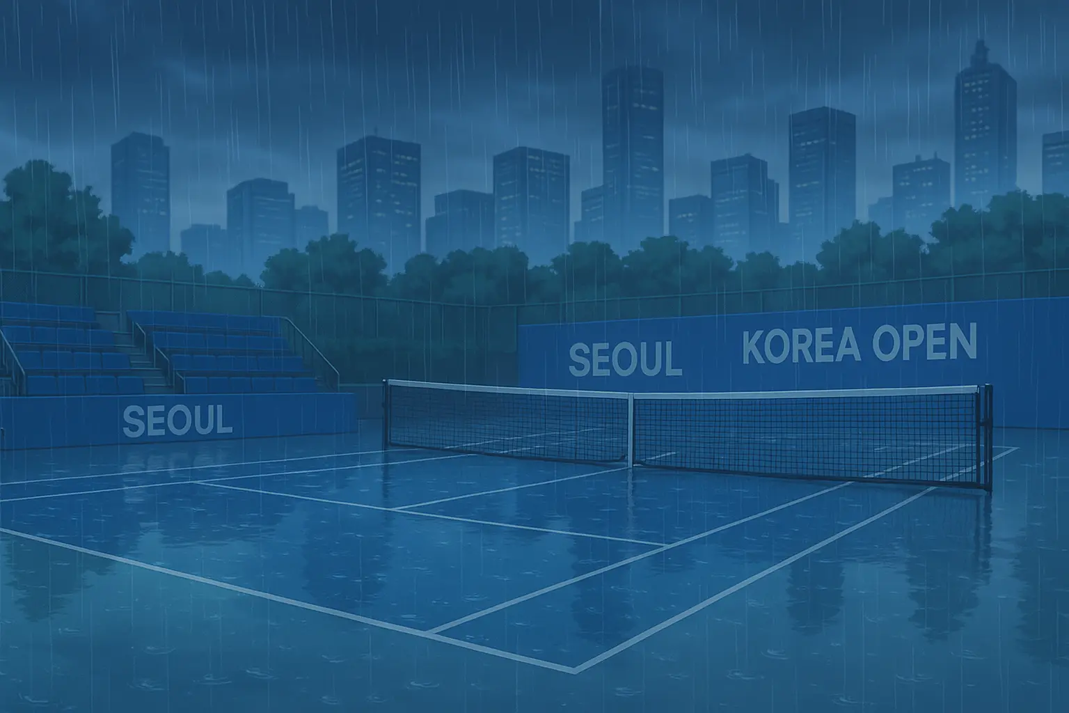 Illustration of an empty tennis court in Seoul during heavy rain at the Korea Open