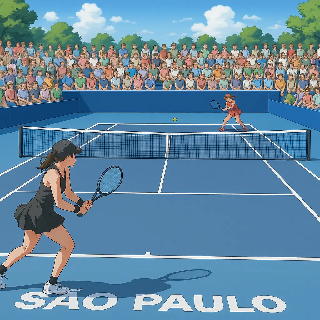 Illustration of the 2025 São Paulo Open final featuring two female tennis players in a baseline rally, surrounded by a full Brazilian crowd under a clear blue sky.