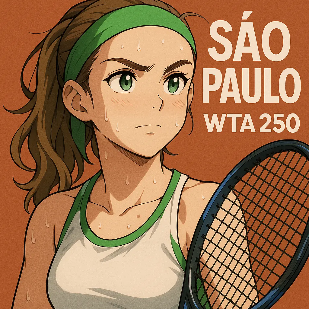 Iillustration of a determined female tennis player with green eyes and a green headband, sweating during a match at the São Paulo WTA 250 tournament